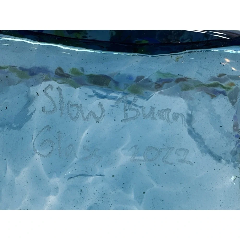 Slow Burn Glass Signed Dated 2022 Hand Blown Blue Multi Color Fluted Vase 3.5